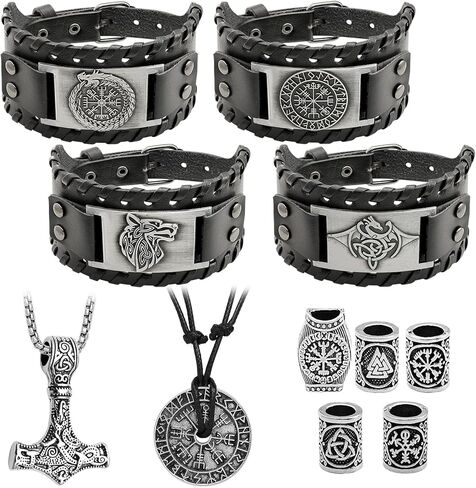 12 Pcs Viking Bracelet Nordic Amulet Accessories for Men Rune Compass Dragon Fenrir Wolf Bracelet Norse Talisman Necklace Viking Hair Accessories for Men Women in Saudi Arabia