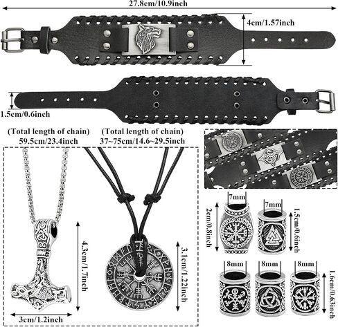12 Pcs Viking Bracelet Nordic Amulet Accessories for Men Rune Compass Dragon Fenrir Wolf Bracelet Norse Talisman Necklace Viking Hair Accessories for Men Women in Saudi Arabia