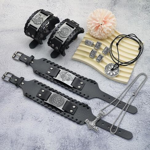 12 Pcs Viking Bracelet Nordic Amulet Accessories for Men Rune Compass Dragon Fenrir Wolf Bracelet Norse Talisman Necklace Viking Hair Accessories for Men Women in Saudi Arabia