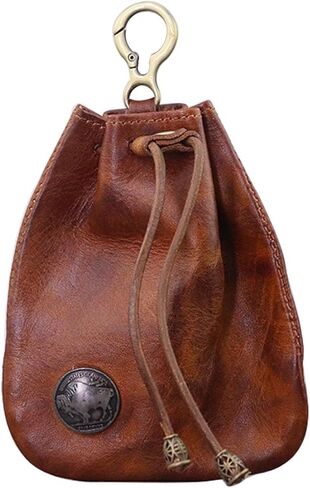 1Pcs Genuine Leather Drawstring Coin Purse Change Wallet Medieval Pouch Vintage Leather Coin Bag With Metal Clasp Mini Change Purse for Women Men (Light brown) in Kuwait