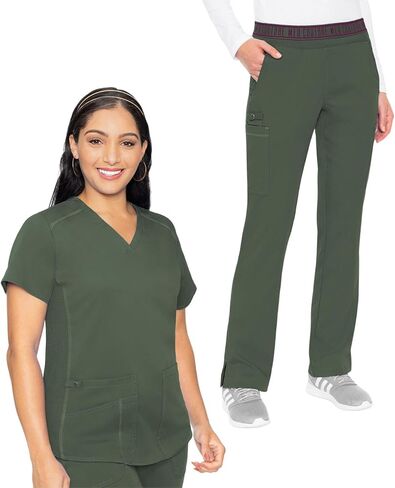Med Couture Women's Scrub Set, V-Neck Top with 11 Pockets, Yoga Pant with 7 Pockets, Olive, XL in Saudi Arabia