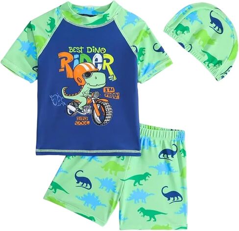 Toddler Boy Swimsuit 2-Piece Rash Guard Shirt Trunks Swim Sets | Short Sleeve Rash Guard,Summer Beach Pool Swimwear,Neon Color,UPF 50+,Dinosaurs Sharks Cartoon,Drawstring,Inner Lining in Saudi Arabia