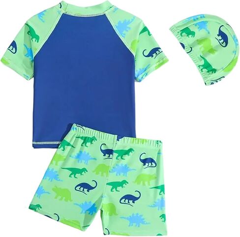 Toddler Boy Swimsuit 2-Piece Rash Guard Shirt Trunks Swim Sets | Short Sleeve Rash Guard,Summer Beach Pool Swimwear,Neon Color,UPF 50+,Dinosaurs Sharks Cartoon,Drawstring,Inner Lining in Saudi Arabia