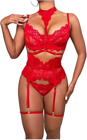 Elegant Lace Lingerie Set with Adjustable Straps and Garter Belt - Sheer Bra and Panty Ensemble for Women in Kuwait