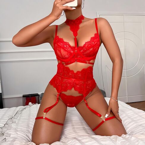 Elegant Lace Lingerie Set with Adjustable Straps and Garter Belt - Sheer Bra and Panty Ensemble for Women in Kuwait