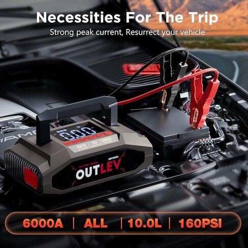 Jump Starter with Air Compressor for All Gas & 10.0L Diesel Engines, 6000A Jump Starter Battery Pack, Portable Power Bank, Safety Protection, Self-Driving Tour Essential in Kuwait