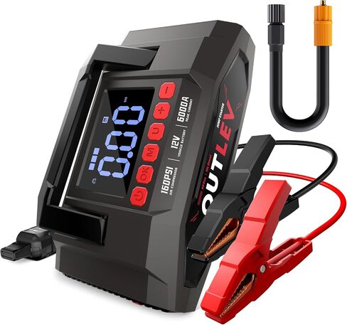 Jump Starter with Air Compressor for All Gas & 10.0L Diesel Engines, 6000A Jump Starter Battery Pack, Portable Power Bank, Safety Protection, Self-Driving Tour Essential in Kuwait