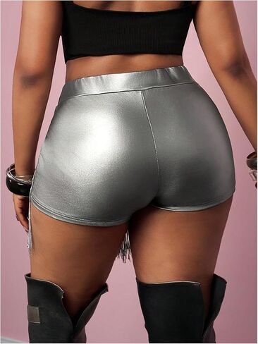 Wdirara Women's Plus Pu Leather Shorts High Phered Tassel Trim Party Club Shorts Cowgirl in Saudi Arabia