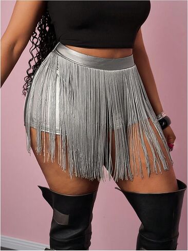 Wdirara Women's Plus Pu Leather Shorts High Phered Tassel Trim Party Club Shorts Cowgirl in Saudi Arabia