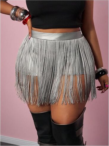 Wdirara Women's Plus Pu Leather Shorts High Phered Tassel Trim Party Club Shorts Cowgirl in Saudi Arabia