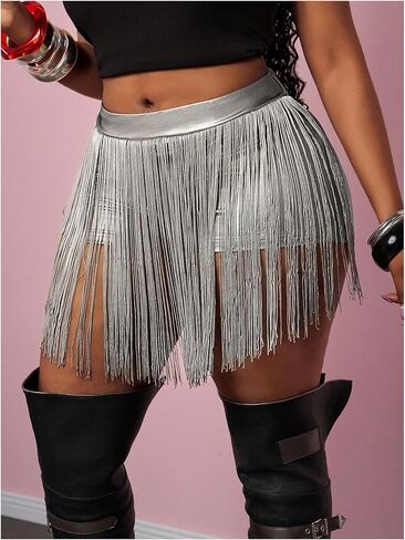 Wdirara Women's Plus Pu Leather Shorts High Phered Tassel Trim Party Club Shorts Cowgirl in Saudi Arabia