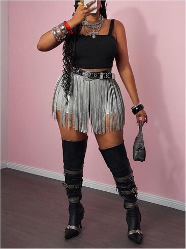 Wdirara Women's Plus Pu Leather Shorts High Phered Tassel Trim Party Club Shorts Cowgirl in Saudi Arabia