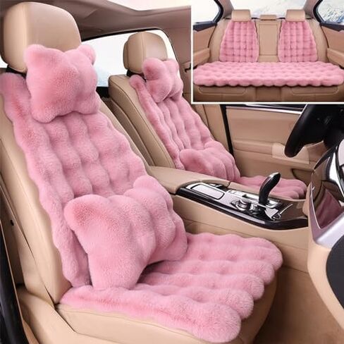 Luxury Thickened Plush Car Seat Cushion Set,Soft Fluffy Protector Warm Faux Rabbit Fur Non-Slip Front and Back Seat Covers (Pink,6pcs) in Saudi Arabia