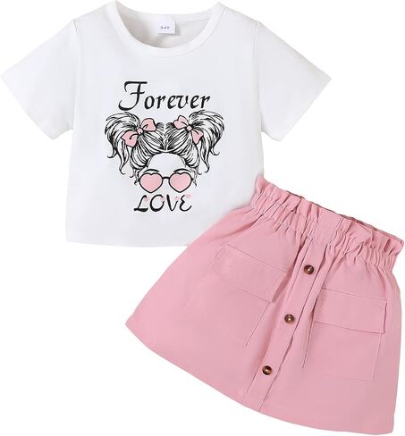 Toddler Girl Clothes 2-8T Girls Skirt,White Short Sleeve Letter Print Top + Summer Short Skirt 2PCS Girls Outfits Set in Kuwait