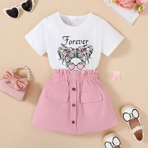 Toddler Girl Clothes 2-8T Girls Skirt,White Short Sleeve Letter Print Top + Summer Short Skirt 2PCS Girls Outfits Set in Kuwait