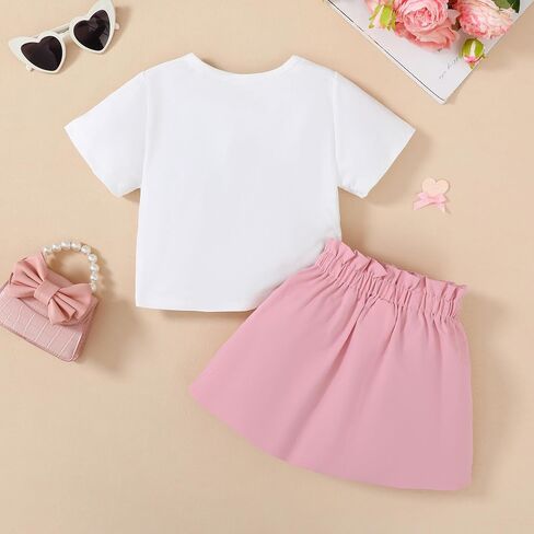 Toddler Girl Clothes 2-8T Girls Skirt,White Short Sleeve Letter Print Top + Summer Short Skirt 2PCS Girls Outfits Set in Kuwait