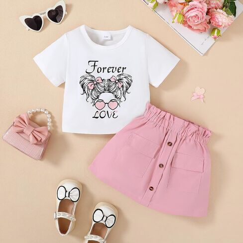 Toddler Girl Clothes 2-8T Girls Skirt,White Short Sleeve Letter Print Top + Summer Short Skirt 2PCS Girls Outfits Set in Kuwait