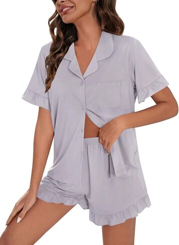 swomog امرأة بيجاما مجموعة قصيرة الأكمام pjs set 2pcs pajamas قصيرة زر أسفل الكشك in Saudi Arabia