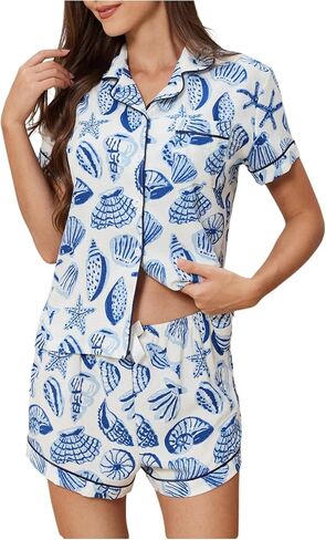 MakeMeChic Women's 2 Piece Pajama Set Graphic Short Sleeve Button Down Shirt and Shorts Set Sleepwear in Saudi Arabia