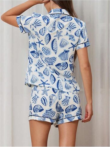 MakeMeChic Women's 2 Piece Pajama Set Graphic Short Sleeve Button Down Shirt and Shorts Set Sleepwear in Saudi Arabia