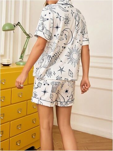 MakeMeChic Women's 2 Piece Pajama Set Graphic Short Sleeve Button Down Shirt and Shorts Set Sleepwear in Saudi Arabia