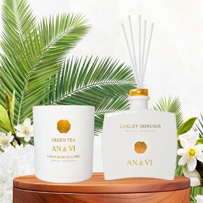 Scent Candle and Reed Diffuser Gift Set: Fresh, Non-Overpowering Home Luxury Scents with Lemongrass & Green Tea Fragrance, 7.05 oz Candle and 3.52 fl.oz Diffuser from Hotel Collection for Relaxation