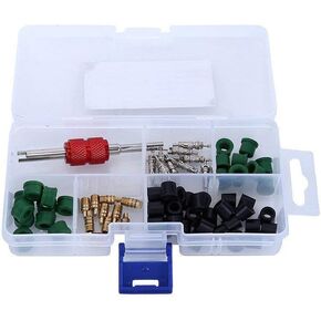 Auto A/C Air Conditioning Valve Core Tool Remover Installer Assortment Kit(10Pcs Valve Cores + 50Pcs Hose Gaskets + 10Pcs Valve + 1 Remover tool)