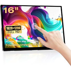 Portable Touchscreen Monitor, 16 Inch 1920X1200P Monitor IPS Touch Screen Monitor with USB C HDMI Port, 300cd/m², External Monitor for Laptop PC Phones Computer Ras Pi