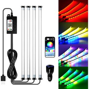 Car Led Foot Well Light Strip Interior Under Dash RGB 72LEDs Customizable 210 Modes Static/Chase/Gradient/Strobe, Music Sync, Timer, with App Switch USB 5V DC 12V