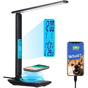 مصباح مكتب LED متعدد الوظائف مع شاحن لاسلكي، منفذ شحن USB، ساعة، حامل هاتف، مصابيح مكتب للمكتب المنزلي، مصباح قراءة للعناية بالعين، مصباح دراسة للأولاد والبنات والمراهقين، أسود