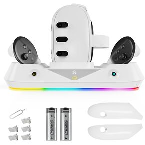 Charging Compatible with Meta Quest 3, Charging Dock with RGB LED Light for Quest 3 VR Headset and Touch Controller, Magnetic Charging Station with 2 Rechargeable Batteries