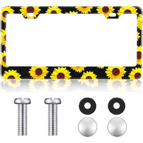 Boao Sunflower Themed License Plate Cover Aluminum Metal License Plate Holder Frame Tag with Yellow Sunflowers Decorative Design for Vehicles(1 Set)