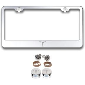 Fit Tesla Laser Engraved Logo License Plate Frame Made of Industrial Grade Mirror Finished Chrome Stainless Steel w/Caps and Accessories