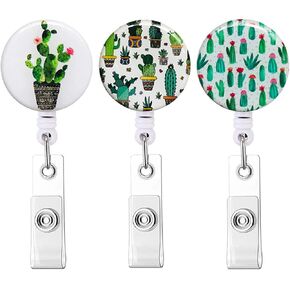 Badge Reel Retractable Badge Holder, Nurse Badge Reels with Alligator Clip, Name Decorative Badge Clip on ID Card Holders (3pack Cactus)