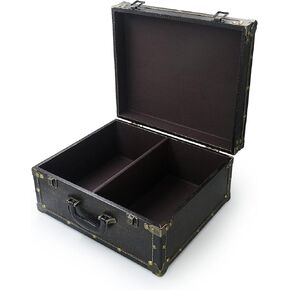 DreamsEden Large Wooden Decorative Storage Trunk - Wood Leather Treasure Chest Box Vintage Suitcase, 13.8" x 11.8" x 6.9"