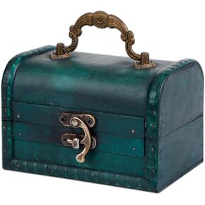 WaaHome Small Treasure Box for Kids Prizes 4.6'' Wood Decorative Box Teal Pirate Treasure Chest Jewelry Keepsakes Box for Kids Girls Boys Women Gifts Home Decor