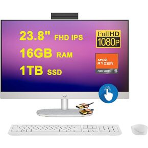 HP 24 AIO Desktop 23.8" FHD IPS Anti-Glare Touchscreen AMD Quad-core Ryzen 5 7520U Processor (Beats i7-1255U) 16GB RAM 1TB SSD USB-C Privacy Camera Win11 Silver + HDMI Cable