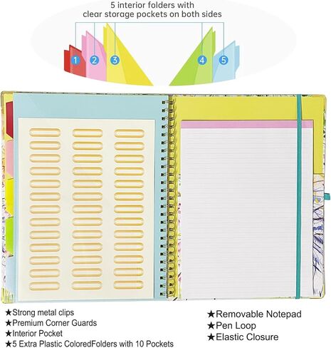 Spiral Clipboard Folio with Refillable Lined Notepad for Letter Size (8.5" x 11"), 5 Dividers with Storage 10 Pockets, 10.2" x 13" Cute Clipboard with Fillable Tabs, Elastic Closure, Pen Loop in Saudi Arabia