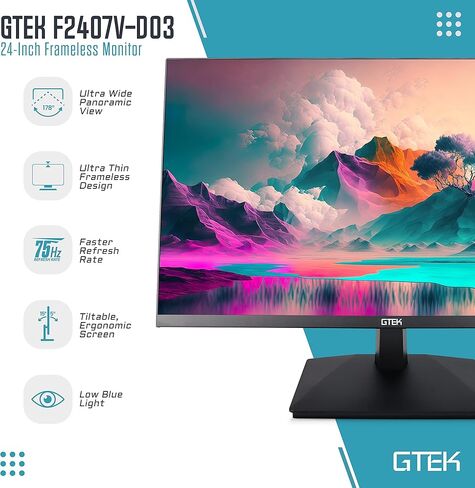 شاشة كمبيوتر 24 بوصة 75 هرتز بدون إطار، شاشة LED FHD 1080 بكسل، شاشة LCD احترافية للأعمال المكتبية، HDMI VGA، معدل التحديث، قابلة للتركيب VESA - F2407V-D03 in Kuwait