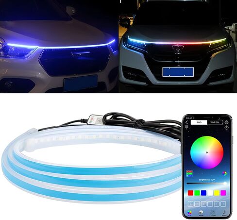 شريط إضاءة لغطاء السيارة RGB مقاس 59 بوصة مع التحكم في التطبيق، متعدد الألوان 210 وضعًا للمسح الديناميكي الخارجي لبدء تشغيل غطاء محرك السيارة، ضوء تشغيل مرن مقاوم للماء أثناء النهار لشاحنة السيارة الرباعية in Kuwait