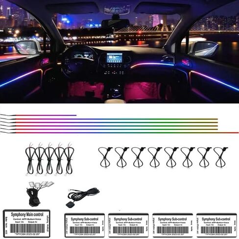 شريط إضاءة LED داخلي للسيارة من الأكريليك للتحكم في التطبيق، لون RGB Symphony 18 في 1 570 LED مجموعات الإضاءة المحيطة بالألياف البصرية، 16 مليون لون وظيفة الصوت النشطة أضواء نيون السيارة (18 في 1) in Kuwait