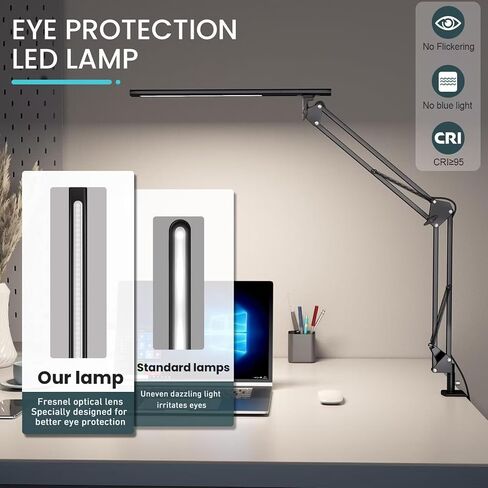 LED Desk Lamp, Desk Light for Home Office, Architect Light, Eye-Caring Optical Lens,Table Lamp, 5 Color Modes & Brightness, Clamp Lamp with Memory Function for Drafting Reading Study, Black in Saudi Arabia