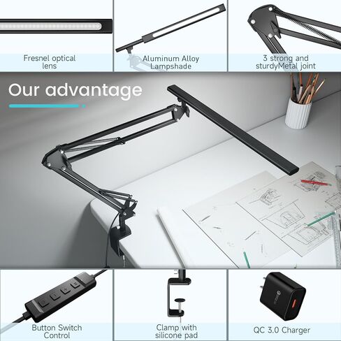 LED Desk Lamp, Desk Light for Home Office, Architect Light, Eye-Caring Optical Lens,Table Lamp, 5 Color Modes & Brightness, Clamp Lamp with Memory Function for Drafting Reading Study, Black in Saudi Arabia