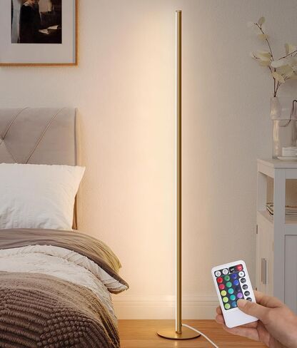 EDISHINE RGBW LED مصباح أرضي للزاوية مع جهاز تحكم عن بعد، 57.5 بوصة الحد الأدنى من ضوء الجو الخافت، مصباح أنيق حديث نحيف، إضاءة طويلة لغرفة المعيشة وغرفة النوم والمكتب (ذهبي) in Saudi Arabia