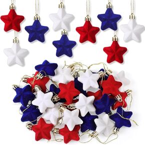 36 Pcs Velvet Patriotic Star Ornaments Mini 4th of July Independence Day Tree Decorations Red White Blue Patriotic Ornaments 1.18 Inch Hanging Stars for Memorial Day