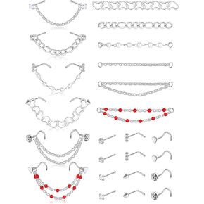 TEN MIRO Nose Piercing - Surgical Steel Nostril Studs and Heart Chain, CZ L Shaped, 20g, 3.8MM