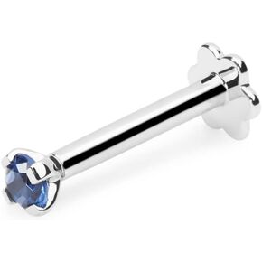 Demira Jewels 2.20mm Solitaire Real Blue Sapphire Solid 14K White Gold Nose Pin, Lip Labret, Monroe Ring Stud Screw - 16 Gauge, 8mm Long Post.
