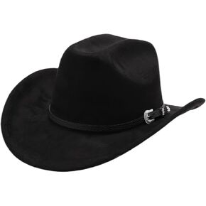 Western Cowboy Hat for Men Cowgirl Hat for Women Unisex Wide Brim Felt Fedora Hats Classic Flat Top Hats with Buckle Belt