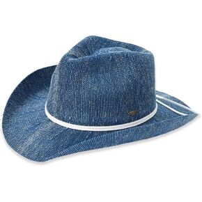 C.C Washed Knitted Denim Cowboy Hat with Suede Strings for Women