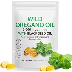 Oil of Oregano Softgels, 120 Count Oregano Oil Capsules Organic, Non-GMO, Gluten Free, 2-in-1 6000mg Oil of Oregano with Black Seed Oil 200mg, Supplement Natural Antioxidants